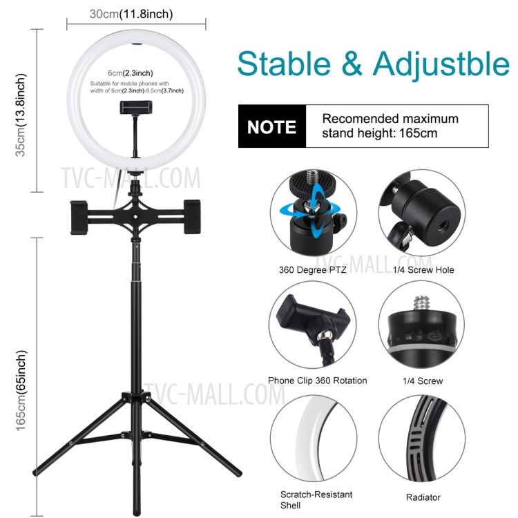 PULUZ 11.8 inch 30cm USB 3 Modes Dimmable Dual Phone Brackets LED Ring Vlogging Video Light Kits with 1.65m Adjustable Tripod Stand and Phone Clamp-3