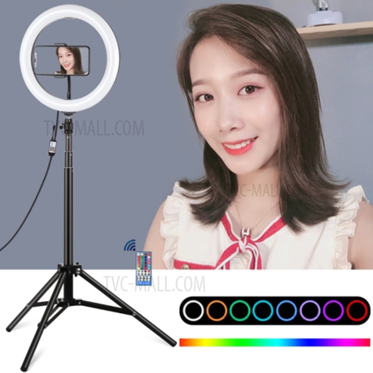 PULUZ 10.2 inch USB RGBW Selfie Ring Light with 1.65m Adjustable Tripod Stand and Cold Shoe Tripod Ball Head & Phone Clamp & Remote Control-1