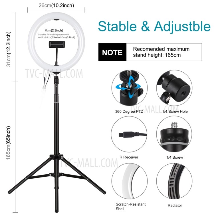 PULUZ 10.2 inch USB RGBW Selfie Ring Light with 1.65m Adjustable Tripod Stand and Cold Shoe Tripod Ball Head & Phone Clamp & Remote Control-3