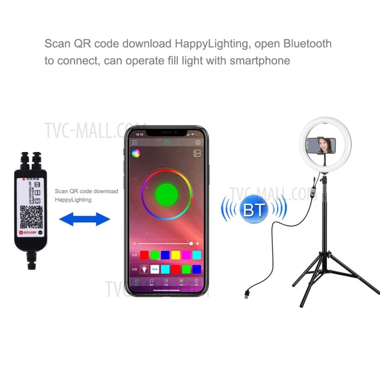 PULUZ 10.2 inch USB RGBW Selfie Ring Light with 1.65m Adjustable Tripod Stand and Cold Shoe Tripod Ball Head & Phone Clamp & Remote Control-6