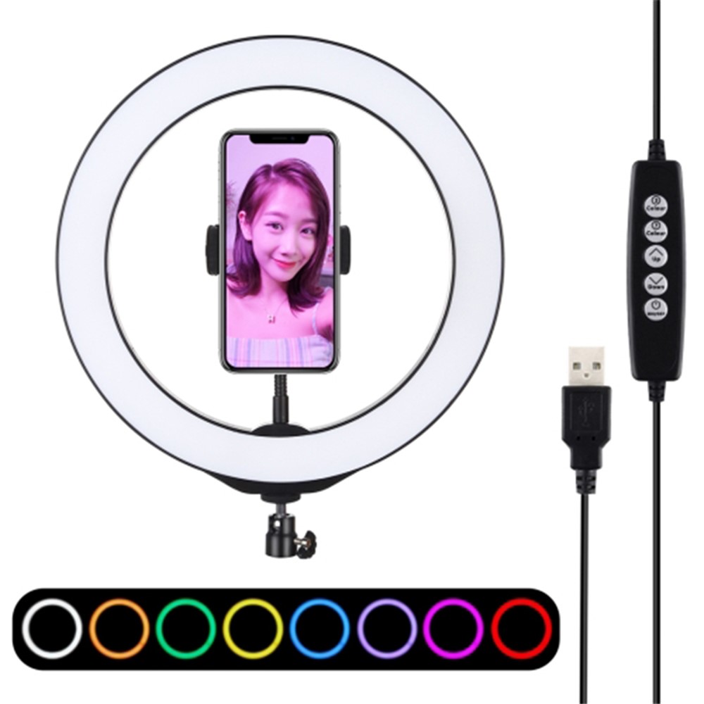 PULUZ 10.2 inch 26cm USB 10 Modes 8 Colors RGBW Dimmable LED Ring Vlogging Video Lights with Cold Shoe Tripod Ball Head & Phone Clamp-1