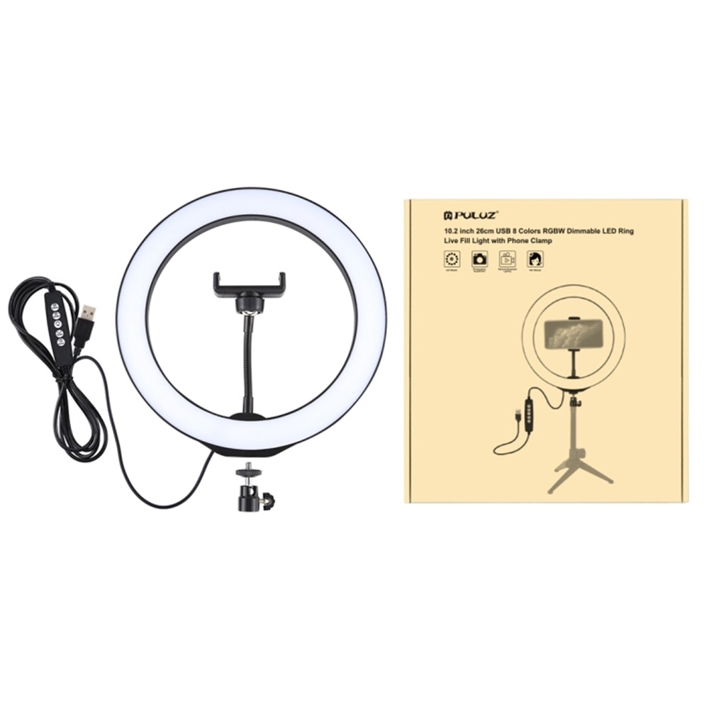 PULUZ 10.2 inch 26cm USB 10 Modes 8 Colors RGBW Dimmable LED Ring Vlogging Video Lights with Cold Shoe Tripod Ball Head & Phone Clamp-10