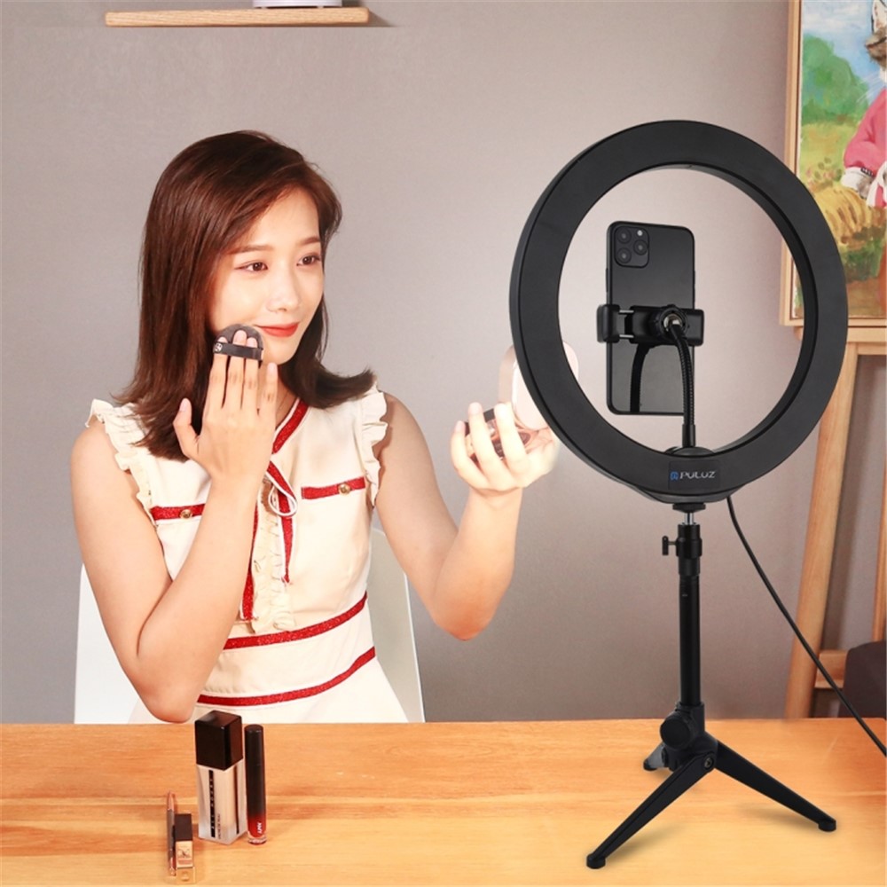 PULUZ 10.2 inch 26cm USB 10 Modes 8 Colors RGBW Dimmable LED Ring Vlogging Video Lights with Cold Shoe Tripod Ball Head & Phone Clamp-12