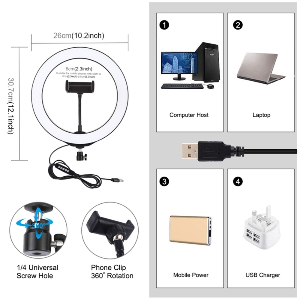 PULUZ 10.2 inch 26cm USB 10 Modes 8 Colors RGBW Dimmable LED Ring Vlogging Video Lights with Cold Shoe Tripod Ball Head & Phone Clamp-3