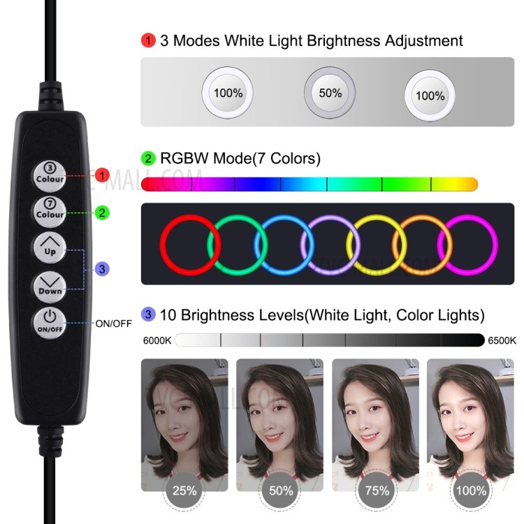 PULUZ 6,2 Pouces 16cm Dimmable Remplissage Photographie Lumière LED RGBW Circulaire Lumière PU432F-4