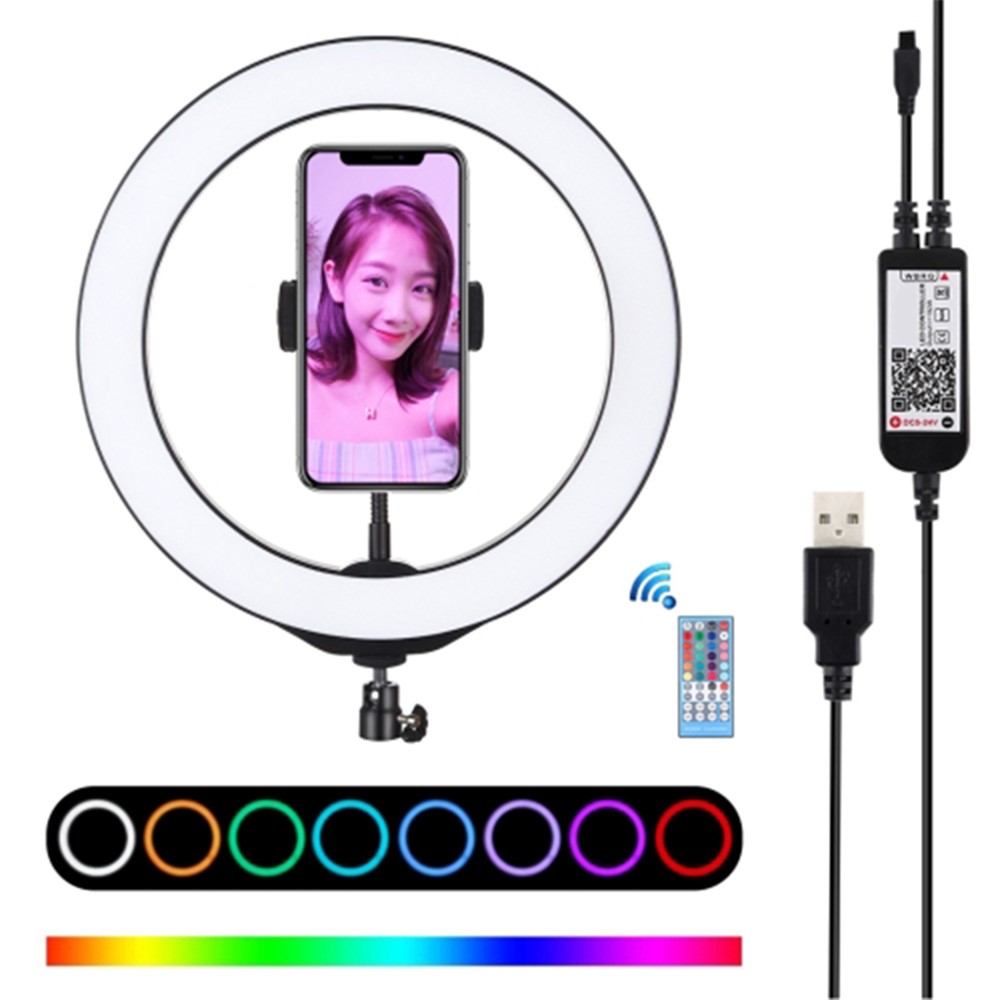 PULUZ 10.2" 26cm RGBW Dimmable LED Ring Photo Light with Remote Control & Mobile Phone Clip PU430B-1