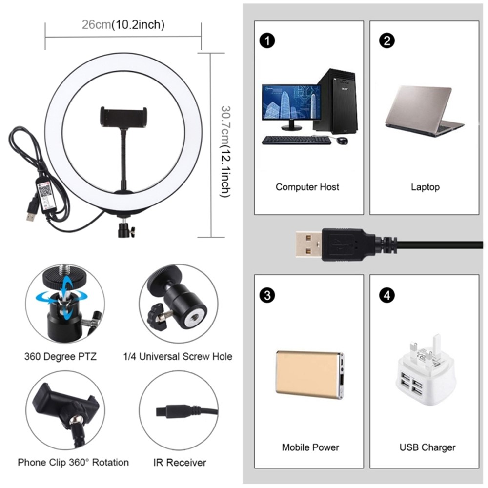 Puluz 10,2 "26 cm RGBW Dimmbares LED -ringfotolicht Mit Fernbedienung & Mobiltelefonclip PU430B