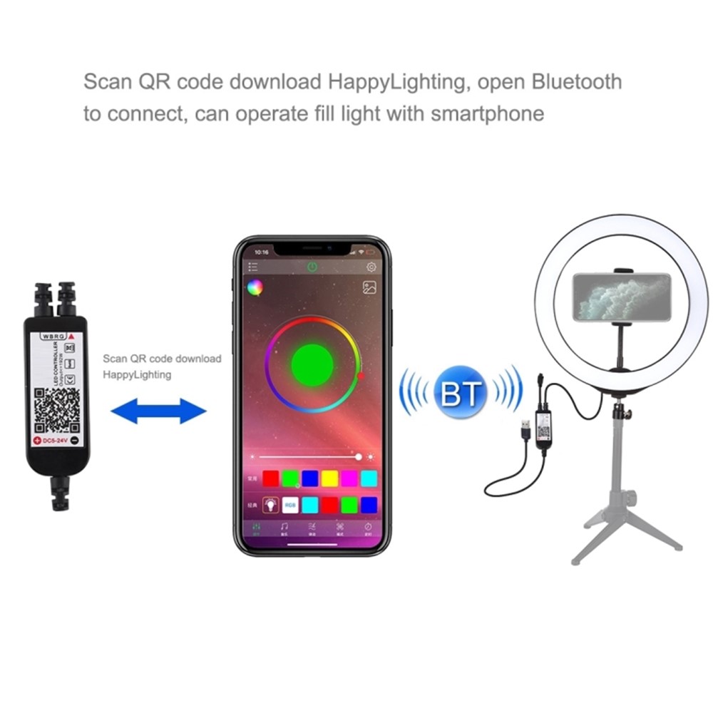 PULUZ 10.2" 26cm RGBW Dimmable Lumière De Photo D'anneau De LED Avec Commande À Distance & Clip Téléphone Mobile PU430B-5