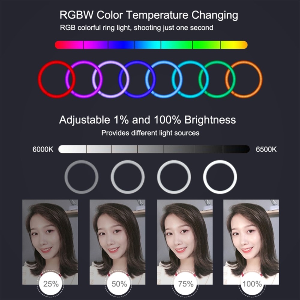 PULUZ 10.2" 26cm RGBW Dimmable LED Ring Photo Light with Remote Control & Mobile Phone Clip PU430B-6