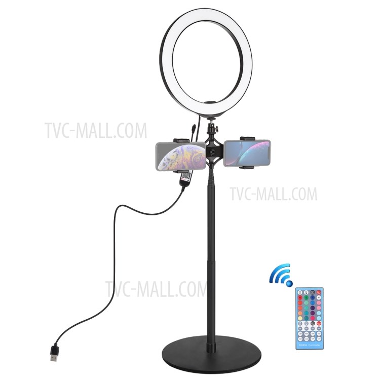 PULUZ Round Base Desktop Mount + Live Broadcast Dual Phone Bracket + 10.2 inch RGBW LED Ring Vlogging Video Light Kits with Remote Control & Cold Shoe Tripod Ball Head-1
