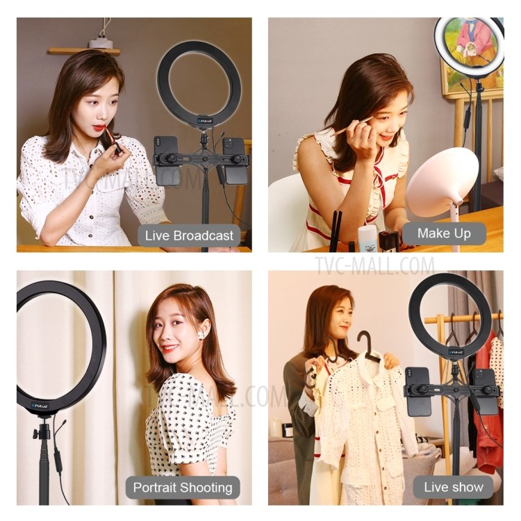 PULUZ Round Base Desktop Mount + Live Broadcast Dual Phone Bracket + 10.2 inch RGBW LED Ring Vlogging Video Light Kits with Remote Control & Cold Shoe Tripod Ball Head-10