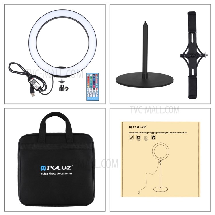 PULUZ Round Base Desktop Mount + Live Broadcast Dual Phone Bracket + 10.2 inch RGBW LED Ring Vlogging Video Light Kits with Remote Control & Cold Shoe Tripod Ball Head-12