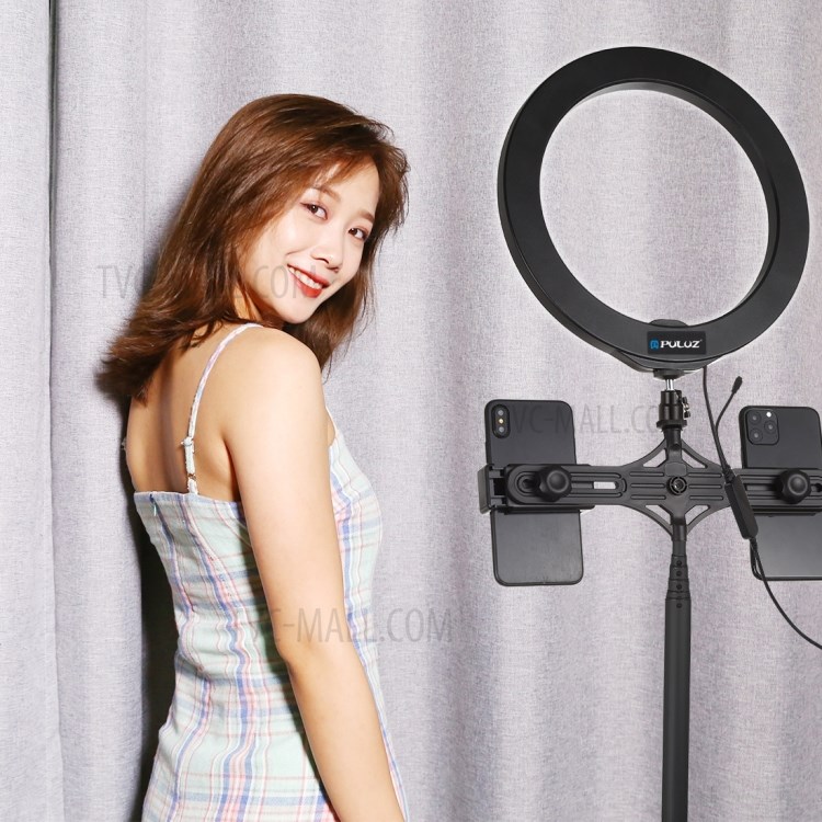 PULUZ Round Base Desktop Mount + Live Broadcast Dual Phone Bracket + 10.2 inch RGBW LED Ring Vlogging Video Light Kits with Remote Control & Cold Shoe Tripod Ball Head-14