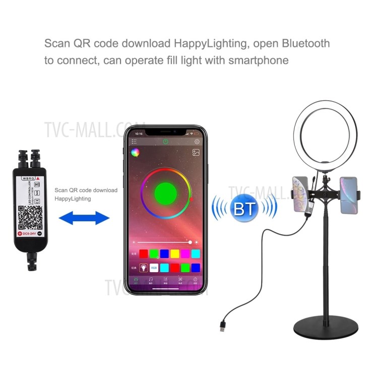 PULUZ Round Base Desktop Mount + Live Broadcast Dual Phone Bracket + 10.2 inch RGBW LED Ring Vlogging Video Light Kits with Remote Control & Cold Shoe Tripod Ball Head-5