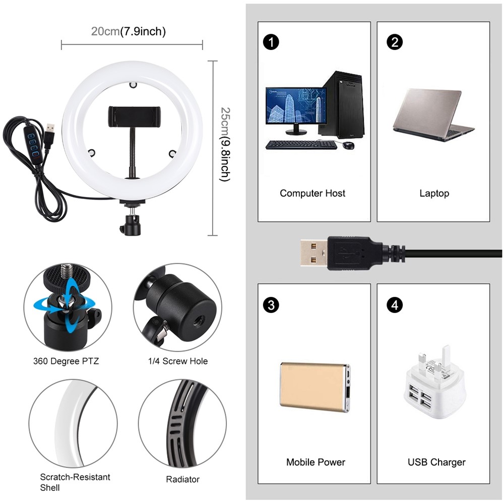 PULUZ PU502 7.9-inch 20cm USB 3 Modes Dimmable Dual Color Temperature LED Curved Light Selfie Photography Video Ring Lights with Mirror-2