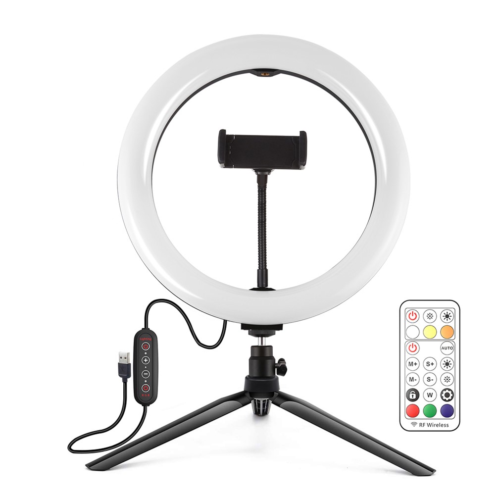PULUZ 10-inch 26cm Marquee LED RGBWW Light + Desktop Tripod Mount 168 LED Dual-color Temperature Dimmable Ring Lights with Tripod & Remote Control & Phone Clamp-2