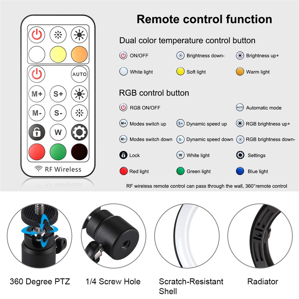 PULUZ 10 Pouces 26cm Marquee LED RGBWW Light + Desktop Tripod Mount 168 LED LED Dualol Tempetter Dimmable Ring Lights With Trépied & Télécommande & Serrage Téléphonique