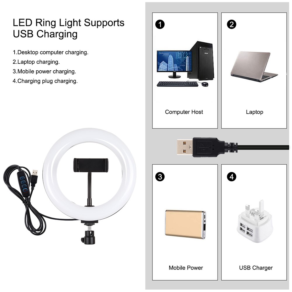 Puluz PKT3078B 7,9-zoll 20 cm USB Dimmbare Led-led-ringlicht Mit Doppelfarbe Mit Telefonklemme + Runde Basis Desktop Mount