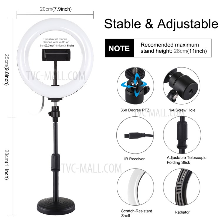 PULUZ PKT3080B 7.9-inch 20cm RGBW Light + Round Base Desktop Mount Dimmable Dual Color Temperature LED Fill Light Vlogging Selfie Photography Video Ring Lights with Phone Clamp-3