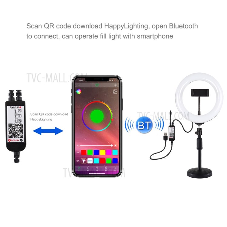 PULUZ PKT3080B 7.9-inch 20cm RGBW Light + Round Base Desktop Mount Dimmable Dual Color Temperature LED Fill Light Vlogging Selfie Photography Video Ring Lights with Phone Clamp-6