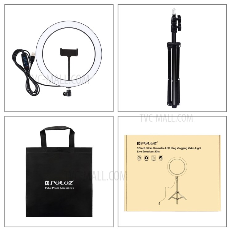 PULUZ PKT3056B 11,8-Zoll 30cm Ringlicht + 1.1m Dimmbare LED Aufhelllicht Live-Übertragung Kits Mit Kaltem Schuh Stativ-Kugelkopf Stativ & Telefonklemme-10