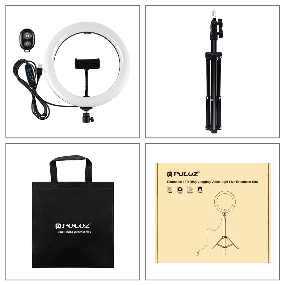 PULUZ PKT3069B 1.1m Tripod Mount + 10.2-inch 26cm Dimmable Dual Color Temperature USB LED Ring Lights Selfie Photography Video Fill Light with Phone Clamp & Selfie Remote Control-10