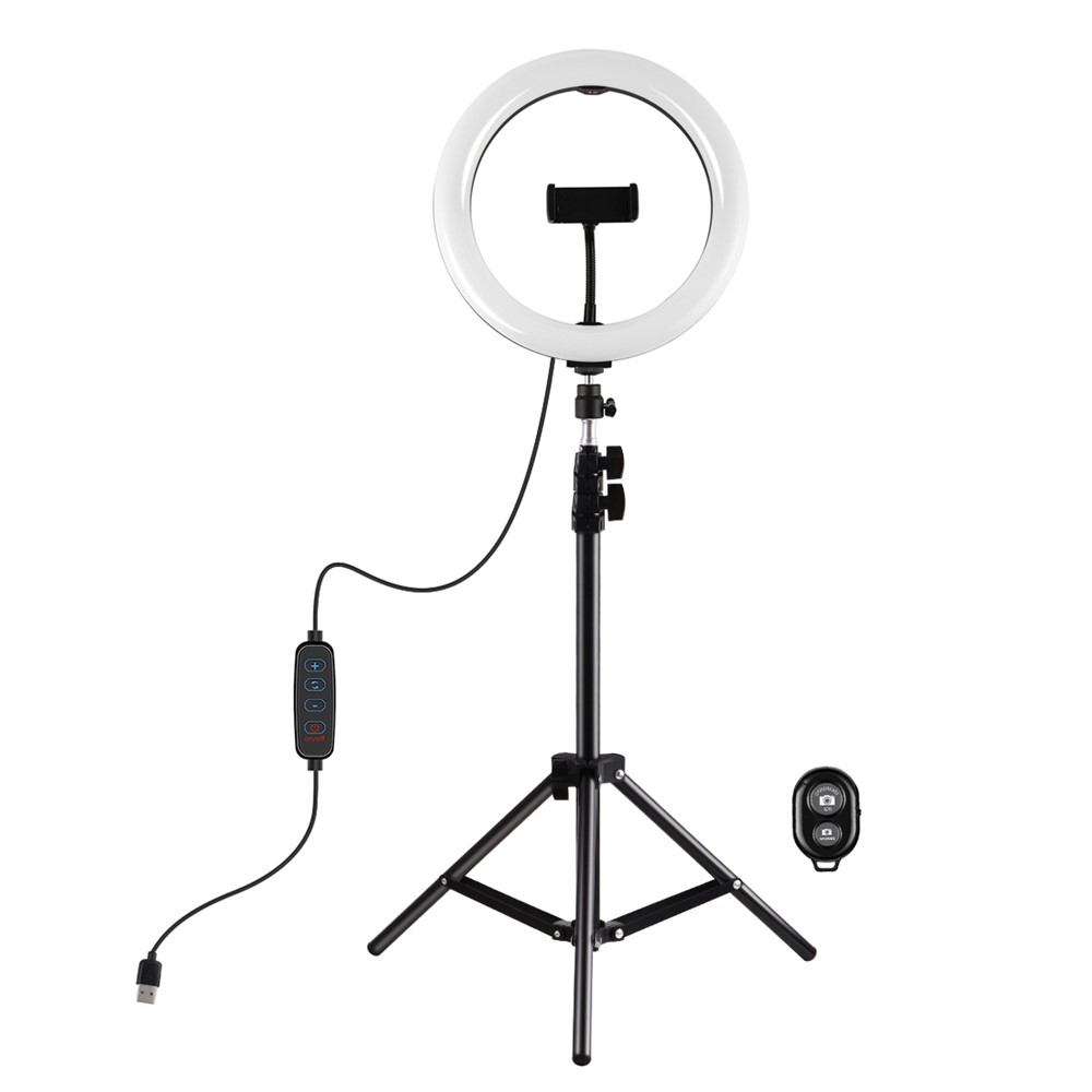 PULUZ PKT3069B 1.1m Tripod Mount + 10.2-inch 26cm Dimmable Dual Color Temperature USB LED Ring Lights Selfie Photography Video Fill Light with Phone Clamp & Selfie Remote Control-2
