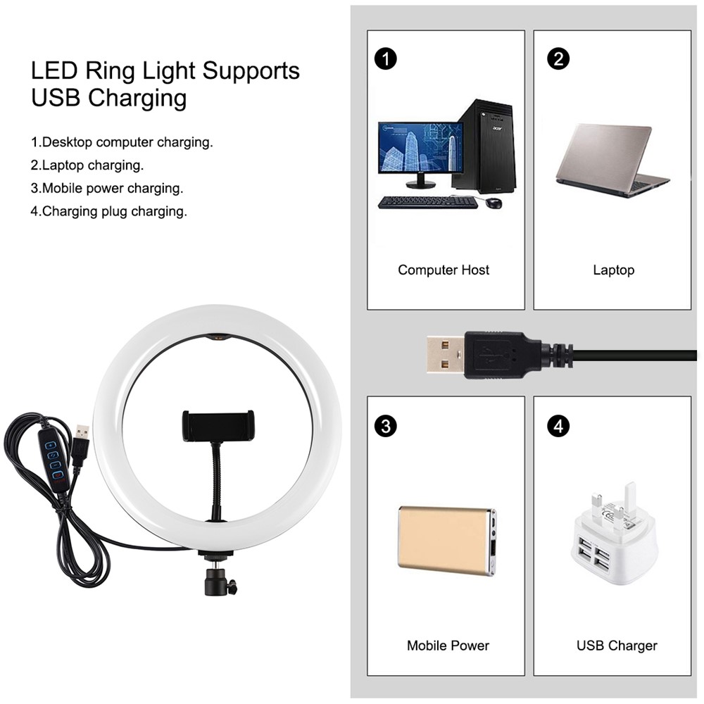 PULUZ PKT3069B 1.1m Tripod Mount + 10.2-inch 26cm Dimmable Dual Color Temperature USB LED Ring Lights Selfie Photography Video Fill Light with Phone Clamp & Selfie Remote Control-3