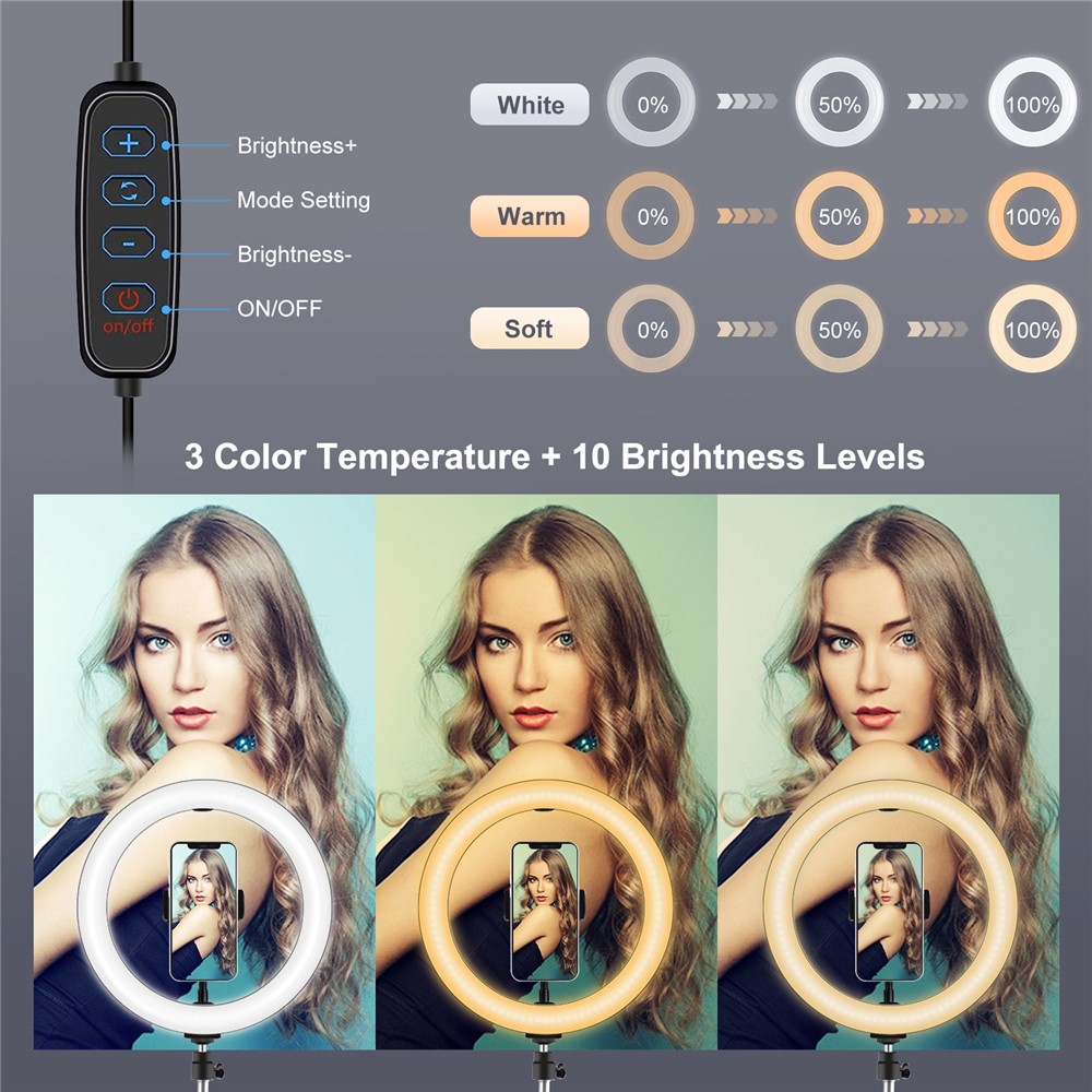 PULUZ PKT3069B 1.1m Tripod Mount + 10.2-inch 26cm Dimmable Dual Color Temperature USB LED Ring Lights Selfie Photography Video Fill Light with Phone Clamp & Selfie Remote Control-4