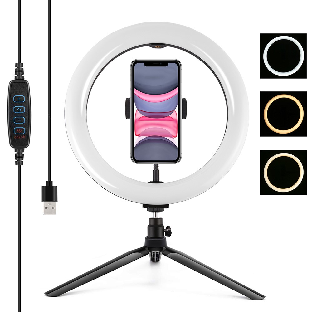 PULUZ PKT3072B 10.2-inch 26cm Dimmable Dual Color Temperature LED Curved Diffuse Light Photography Fill Lights with Phone Clamp and Selfie Remote Control-1