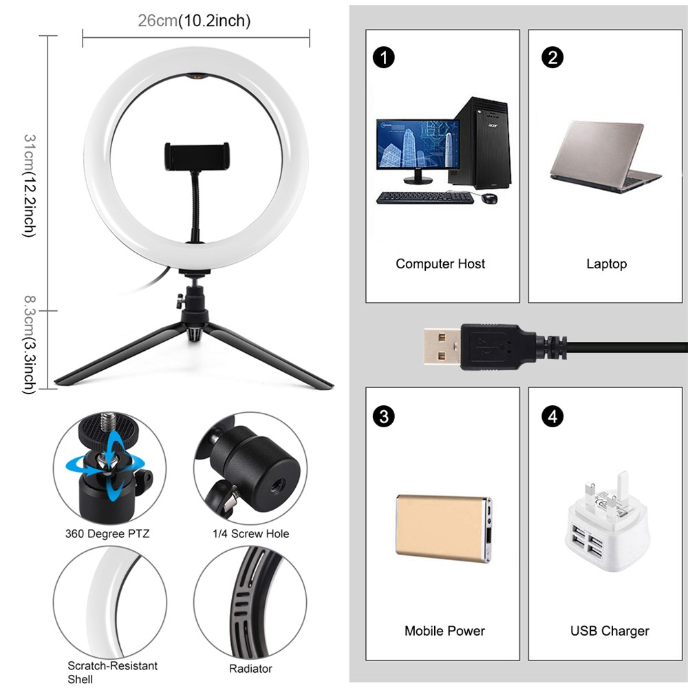 PULUZ PKT3072B 10.2-inch 26cm Dimmable Dual Color Temperature LED Curved Diffuse Light Photography Fill Lights with Phone Clamp and Selfie Remote Control-3
