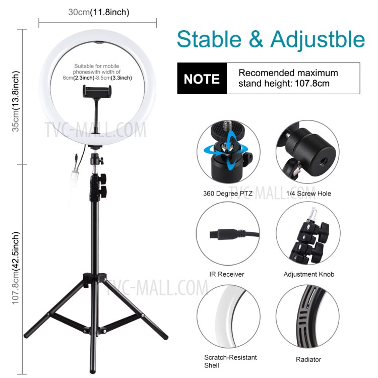 PULUZ PKT3050 12-inch RGB Light 1.1m Tripod Mount Dimmable Selfie Photography Video LED Ring Lights Live Broadcast Kits - US Plug-3