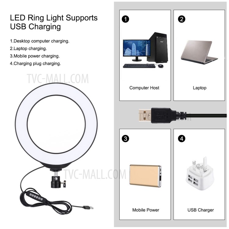 PULUZ 6.2-inch 16cm USB 8 Colors RGBW Dimmable LED Ring Lights + Round Base Desktop Mount with Cold Shoe Tripod Ball Head-4