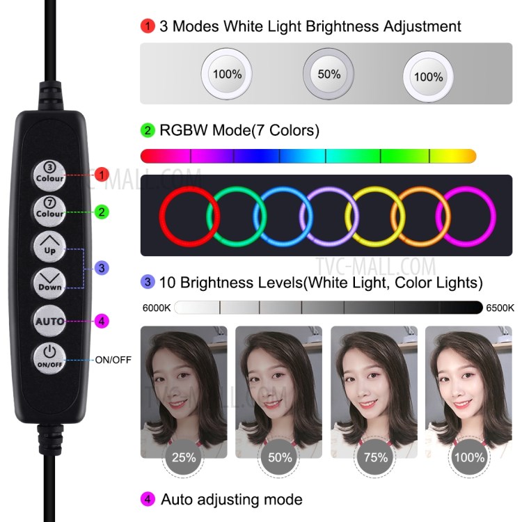 PULUZ 6.2-inch 16cm USB 8 Colors RGBW Dimmable LED Ring Lights + Round Base Desktop Mount with Cold Shoe Tripod Ball Head-5