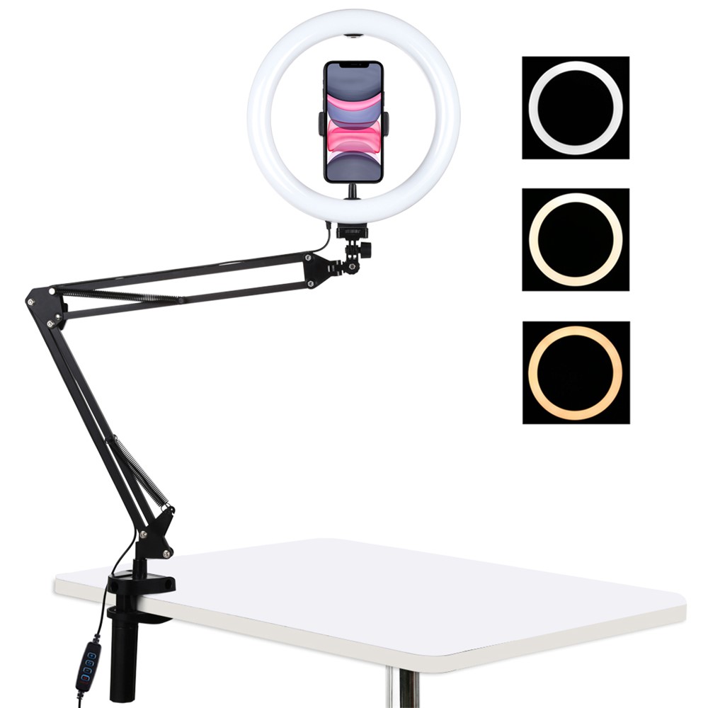 PULUZ 10,2 Pouces 26cm Lumière Incurvée + Bras de Bureau Stand USB 3 Modes Dalmable Dual Color Temperature LED Vlogging Selfie Photography Video Lights With Phone Pinmp