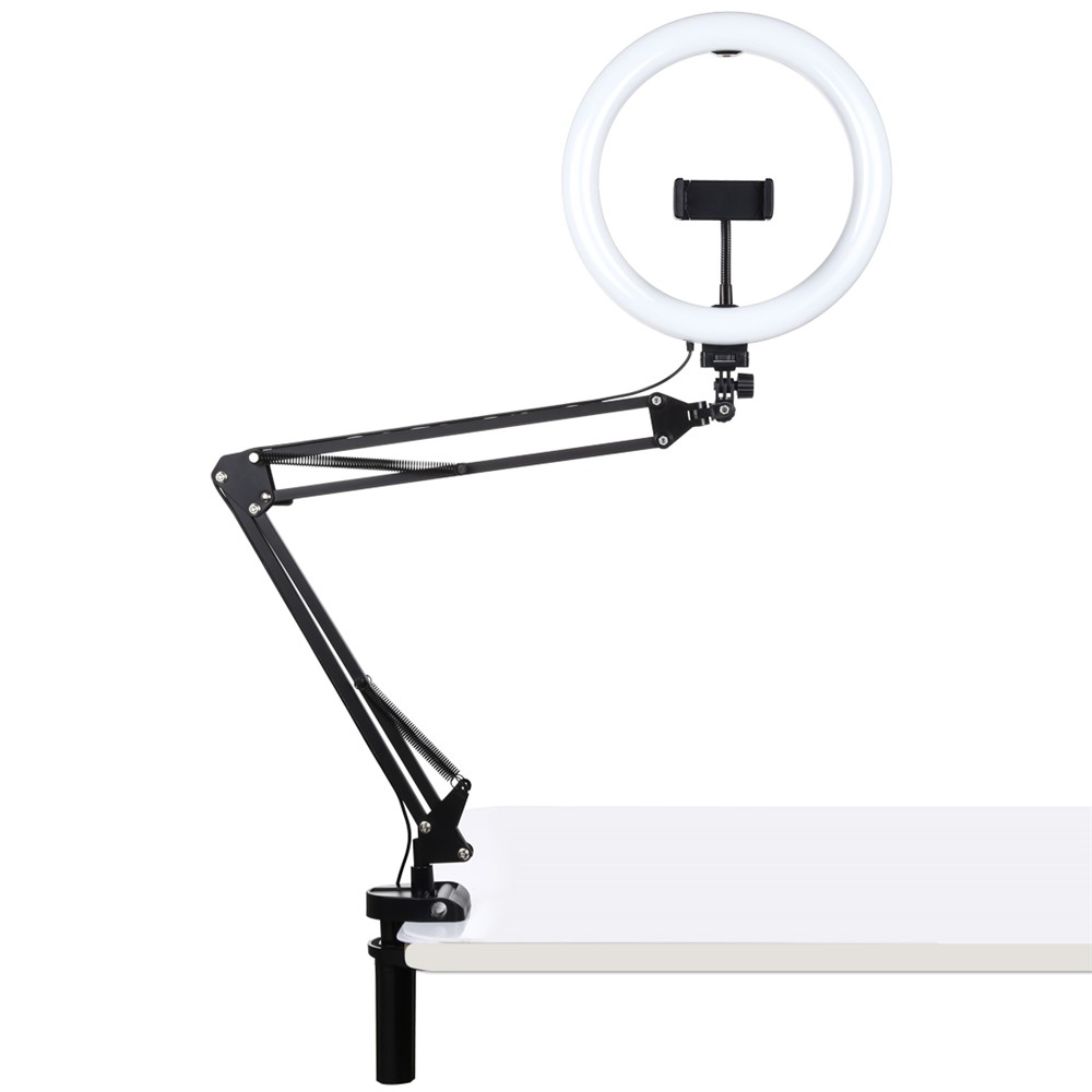 Puluz 10,2-Zoll-26cm-Ring-gebogenes Licht + Desktop-Armständer USB 3-Modus Dimmable Dual-Farb-Temperatur-LED-Vlogging-Selfie-Fotografie-Video-Lichter Mit Telefonklemme-2