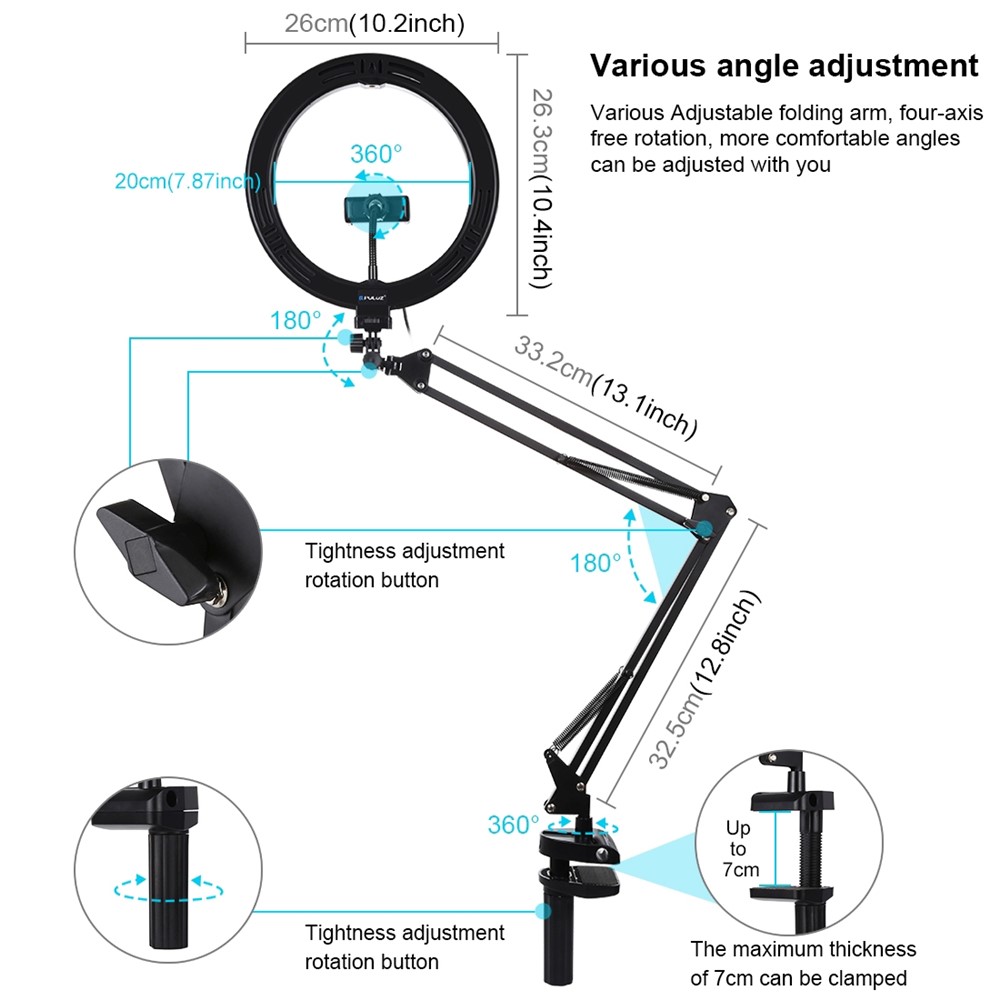 Puluz 10,2-Zoll-26cm-Ring-gebogenes Licht + Desktop-Armständer USB 3-Modus Dimmable Dual-Farb-Temperatur-LED-Vlogging-Selfie-Fotografie-Video-Lichter Mit Telefonklemme-3