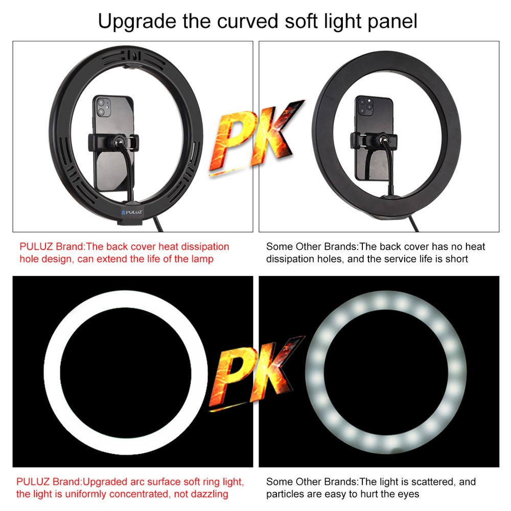 Puluz 10,2-Zoll-26cm-Ring-gebogenes Licht + Desktop-Armständer USB 3-Modus Dimmable Dual-Farb-Temperatur-LED-Vlogging-Selfie-Fotografie-Video-Lichter Mit Telefonklemme-7