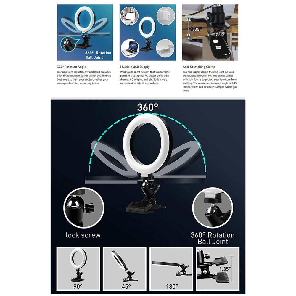 6 Inch RGB LED Video Light 360-degree Rotating Selfie Ring Light Desktop Live-stream Photography Fill Lamp with Clamp-4