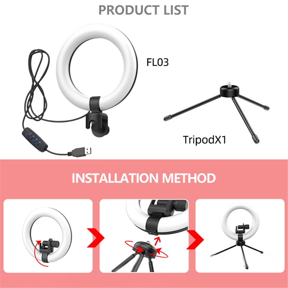 WONEW FL03 6 Inch 360-degree Rotating Ring Light Desktop Laptops Video Conference Fill Light Live-stream Photography Light with Tripod-5
