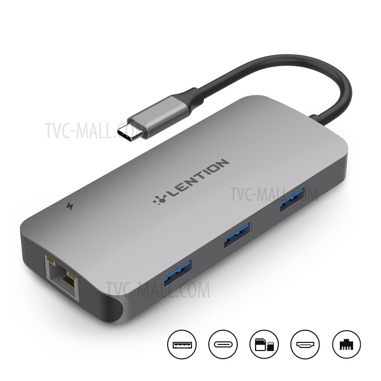LENTION CE57 USB-C Hub with 4K HDMI, Gigabit Ethernet, Card Reader, USB 3.0, Type-C Data and Charging Adapter - Grey-9