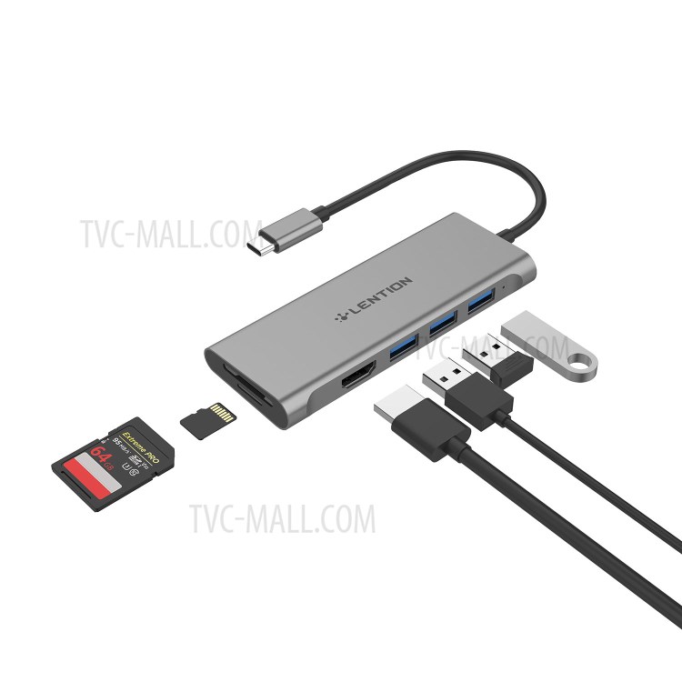 LENTION C34HCR USB-C Hub with 4K HDMI Output, 3 x USB 3.0, SD/TF Card Reader Port - Grey-1