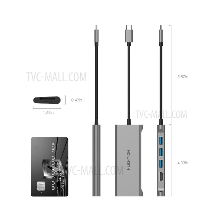 LENTION C34HCR USB-C Hub with 4K HDMI Output, 3 x USB 3.0, SD/TF Card Reader Port - Grey-2