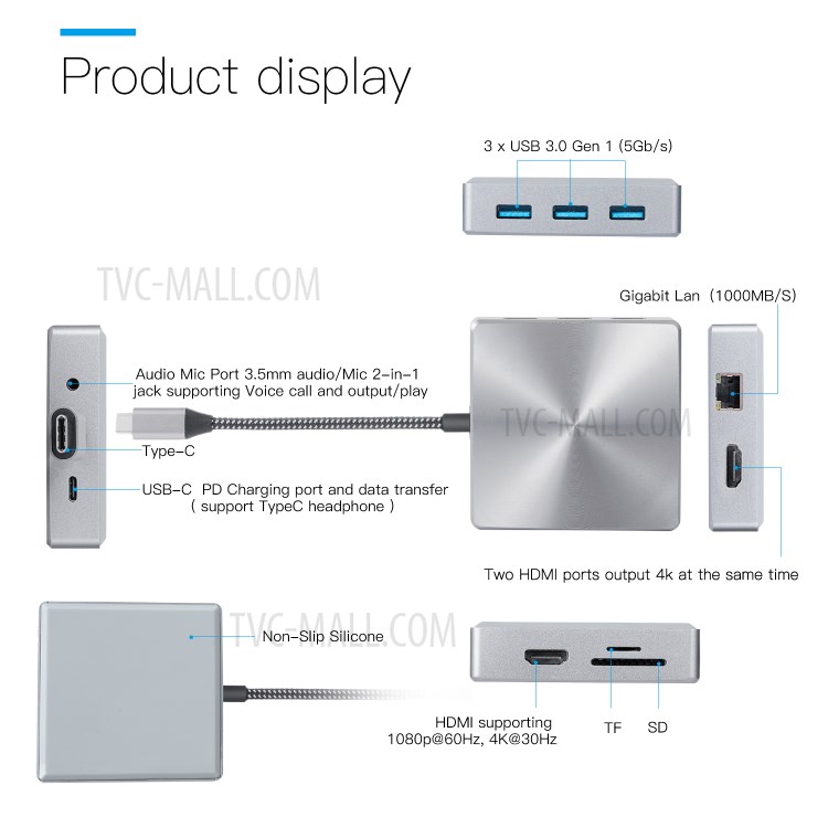YK0160S 9-in-1 Aluminium Type-C Hub Adapter USB-C Charging Converter - Grey-3