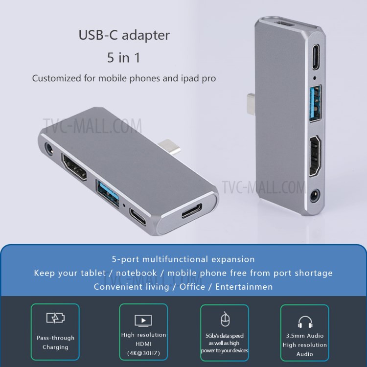 YK0180 5-port Multifunctional Expansion Type-C Hub Adapter-2