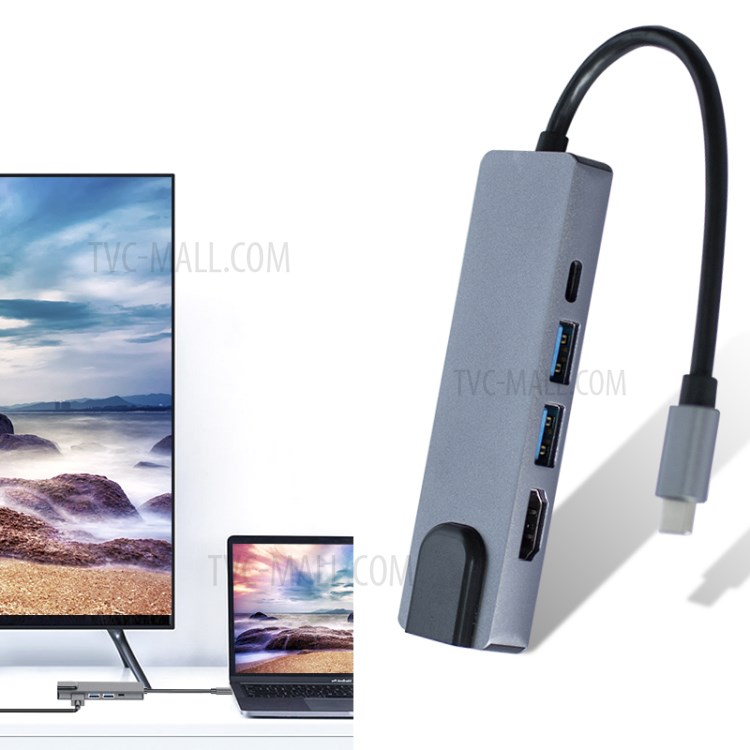 YK0206 Premium 5-in-1 Type-C Video Hub Multi-port Adapter with Thunderbolt 3+HDMI+3*USB3.0 Ports+Gigabit+SD/TF Port-1