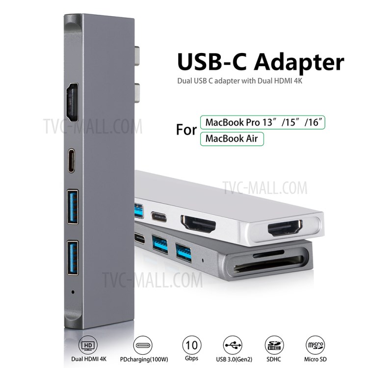YK0150S 7-in-1 Converter Type-C Hub Dual USB-C Adapter with Dual HDMI 4K and SD/TF Port-7