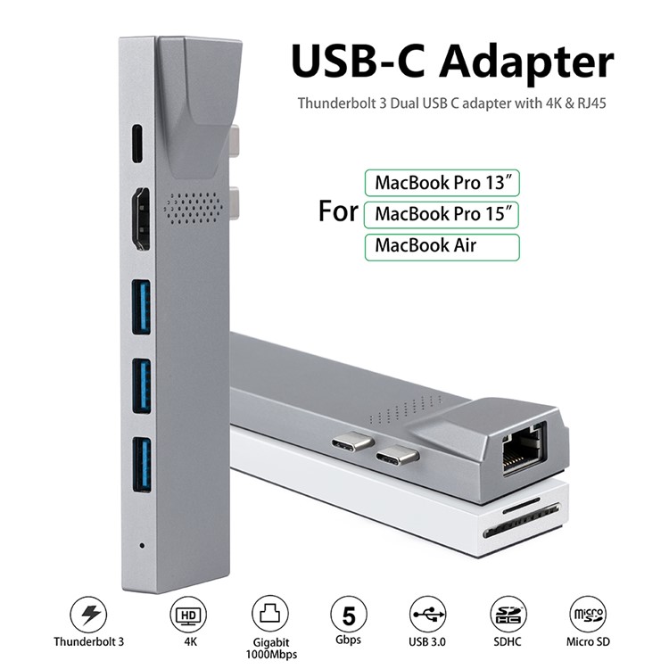 YK0168 8-in-1 Multi-port Adapter Type-C Hub with Thunderbolt 3+HDMI+3*USB3.0 Ports+Gigabit+SD/TF Port-2