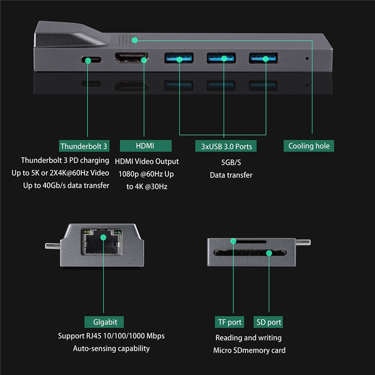 YK0168 8-in-1 Multi-port Adapter Type-C Hub with Thunderbolt 3+HDMI+3*USB3.0 Ports+Gigabit+SD/TF Port-5