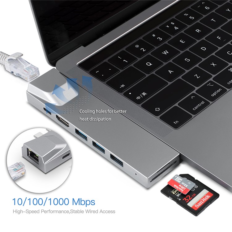 YK0168 8-in-1 Multi-port Adapter Type-C Hub with Thunderbolt 3+HDMI+3*USB3.0 Ports+Gigabit+SD/TF Port-6